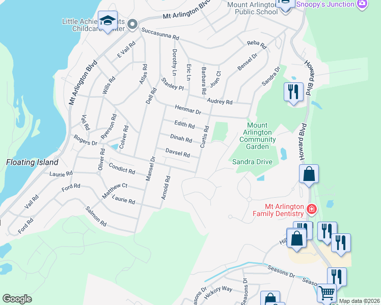 map of restaurants, bars, coffee shops, grocery stores, and more near 527 Davsel Road in Roxbury Township