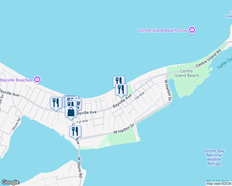 map of restaurants, bars, coffee shops, grocery stores, and more near 20 Greenwich Avenue in Bayville