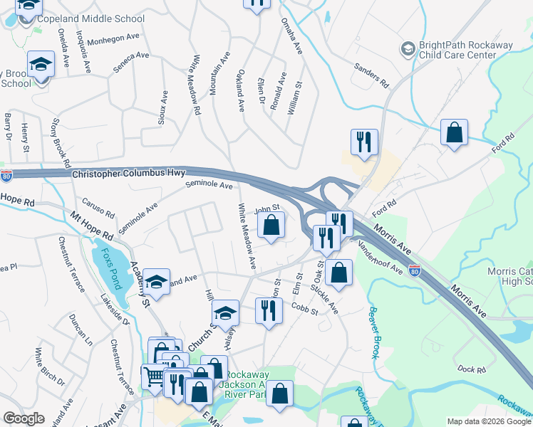 map of restaurants, bars, coffee shops, grocery stores, and more near 16 John Street in Rockaway