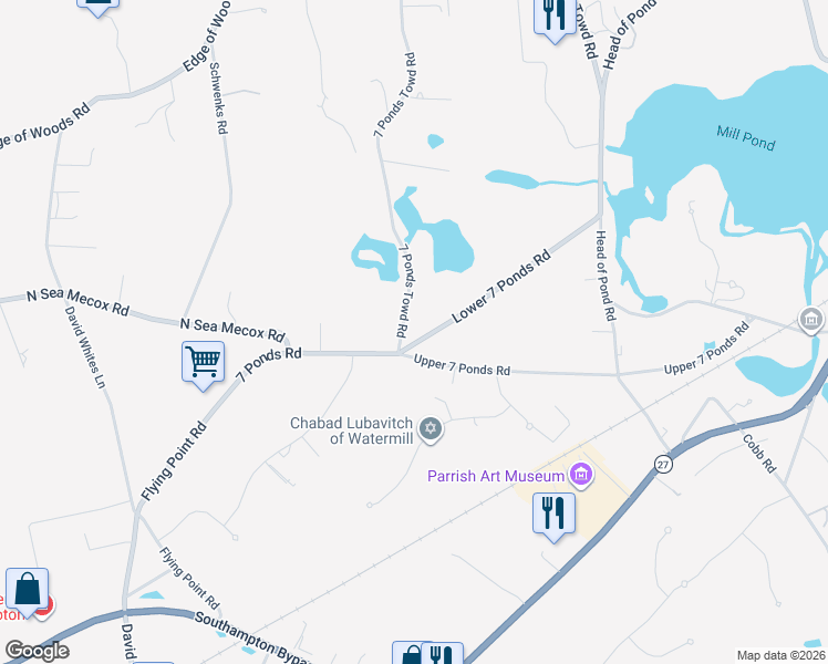map of restaurants, bars, coffee shops, grocery stores, and more near 5 7 Ponds Road in Water Mill
