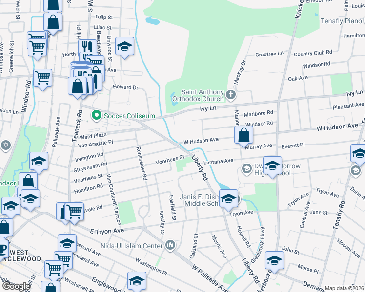 map of restaurants, bars, coffee shops, grocery stores, and more near 458 West Hudson Avenue in Englewood