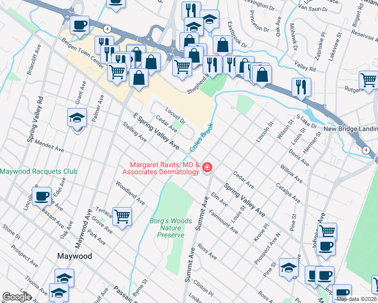 map of restaurants, bars, coffee shops, grocery stores, and more near 181 East Spring Valley Avenue in Maywood