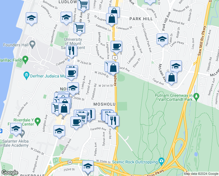 map of restaurants, bars, coffee shops, grocery stores, and more near 240 West 261st Street in The Bronx