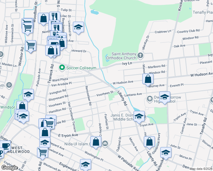 map of restaurants, bars, coffee shops, grocery stores, and more near 458 West Hudson Avenue in Englewood