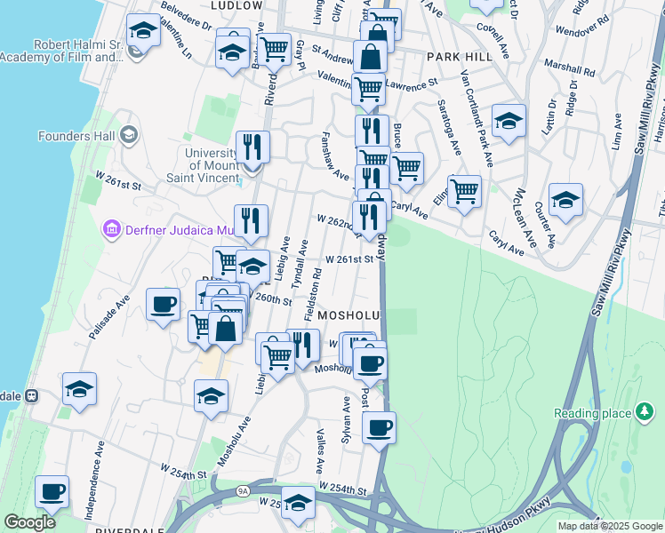 map of restaurants, bars, coffee shops, grocery stores, and more near 302 West 261st Street in The Bronx