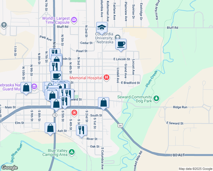 map of restaurants, bars, coffee shops, grocery stores, and more near 300 North Columbia Avenue in Seward