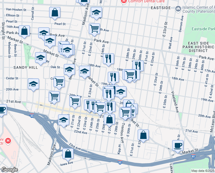map of restaurants, bars, coffee shops, grocery stores, and more near 120 19th Avenue in Paterson