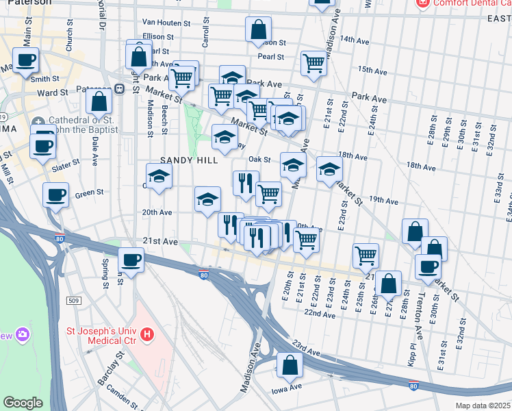 map of restaurants, bars, coffee shops, grocery stores, and more near 63 Dover Street in Paterson