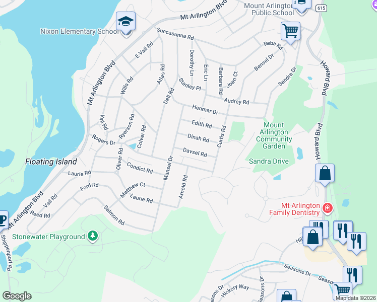 map of restaurants, bars, coffee shops, grocery stores, and more near 511 Davsel Road in Roxbury Township