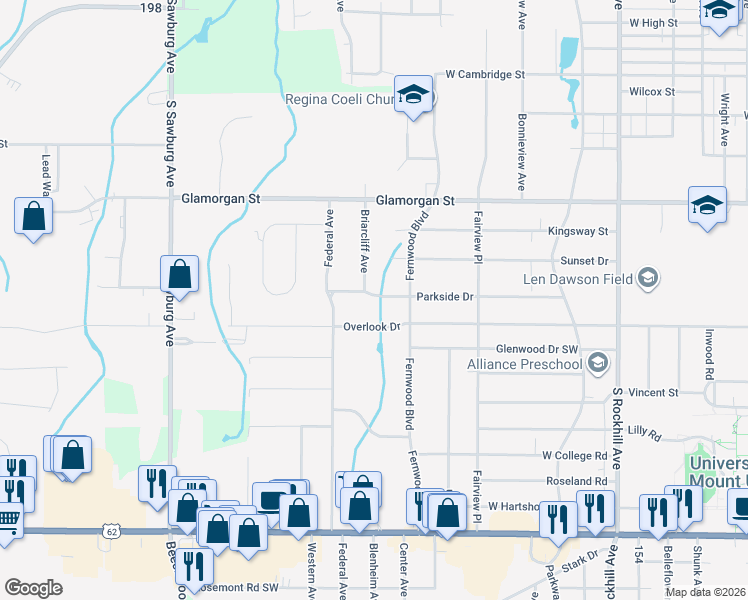 map of restaurants, bars, coffee shops, grocery stores, and more near 1348 Parkside Drive in Alliance
