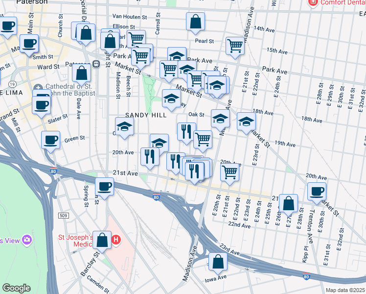 map of restaurants, bars, coffee shops, grocery stores, and more near 61 Martin St in Paterson