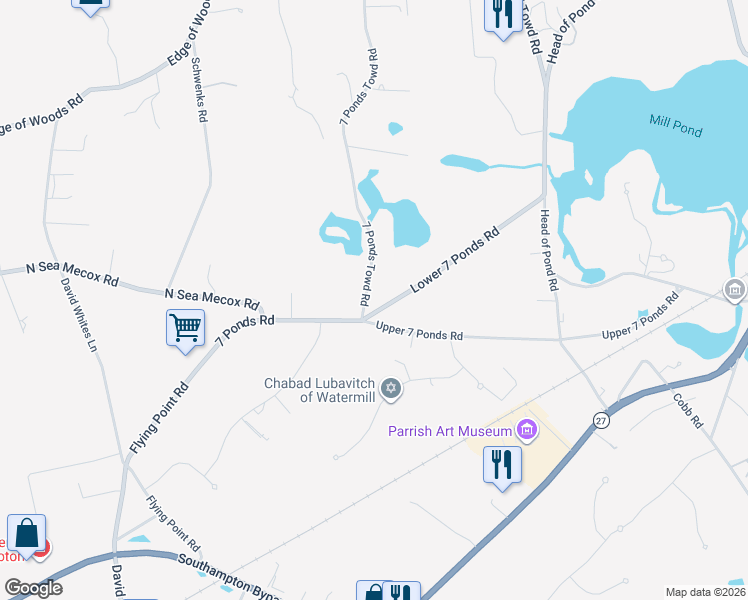 map of restaurants, bars, coffee shops, grocery stores, and more near 5 7 Ponds Road in Water Mill