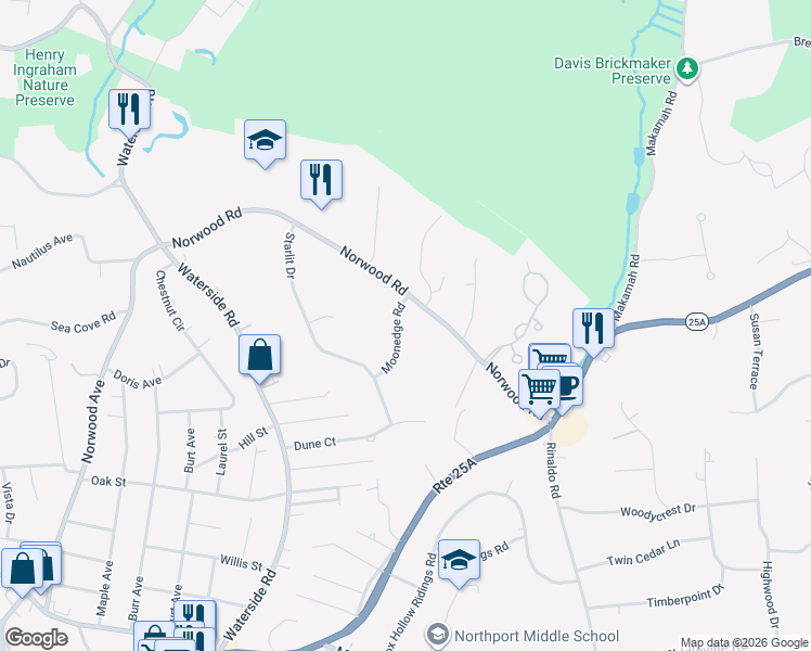 map of restaurants, bars, coffee shops, grocery stores, and more near 12 Moonedge Road in Northport