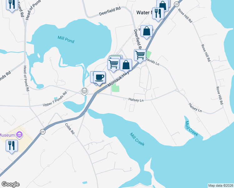 map of restaurants, bars, coffee shops, grocery stores, and more near 72 Halsey Lane in Water Mill