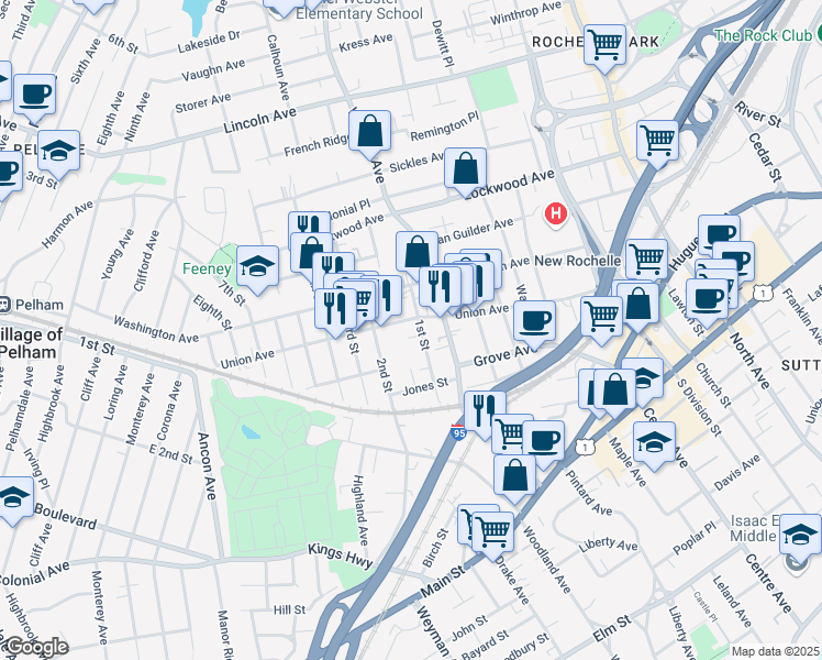 map of restaurants, bars, coffee shops, grocery stores, and more near 176 Union Avenue in New Rochelle