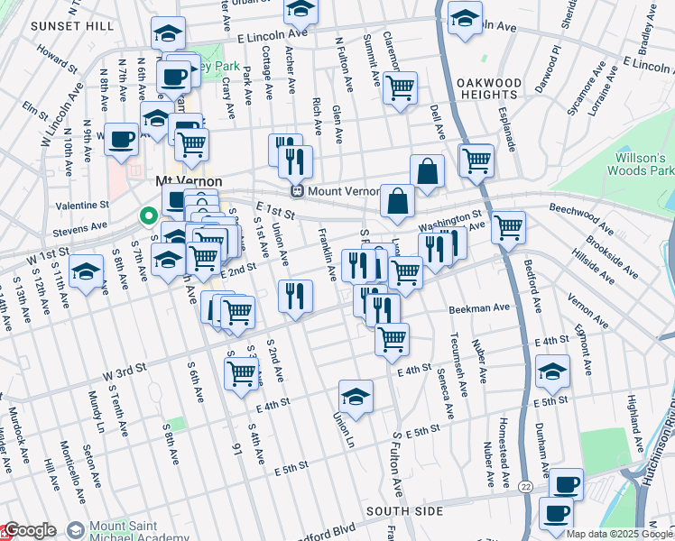 map of restaurants, bars, coffee shops, grocery stores, and more near 125 Franklin Avenue in Mount Vernon