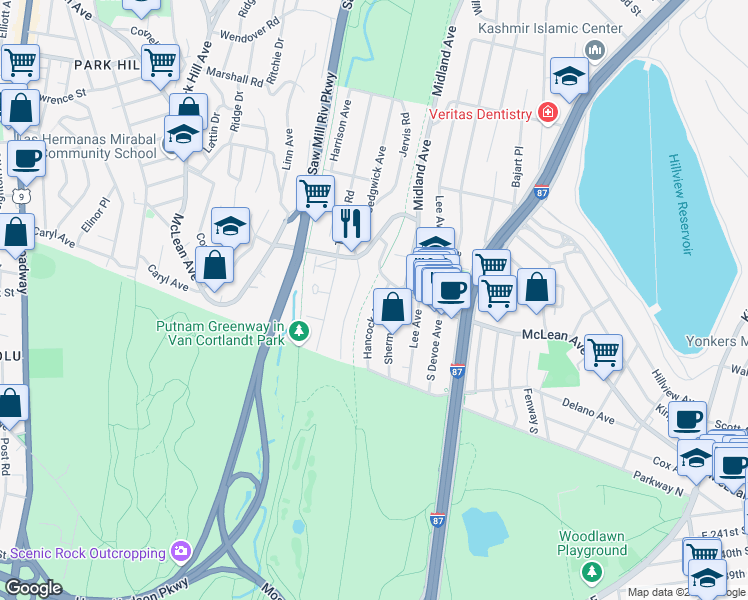 map of restaurants, bars, coffee shops, grocery stores, and more near 72 Hancock Avenue in Yonkers