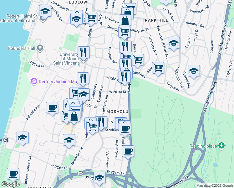 map of restaurants, bars, coffee shops, grocery stores, and more near 302 West 261st Street in The Bronx