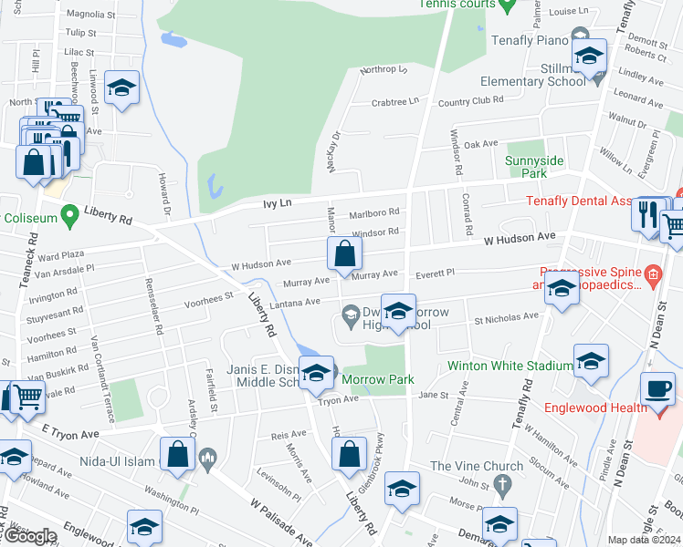 map of restaurants, bars, coffee shops, grocery stores, and more near 329 Murray Avenue in Englewood