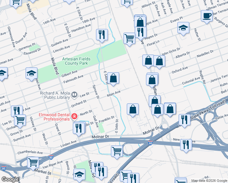 map of restaurants, bars, coffee shops, grocery stores, and more near 41 Main Avenue in Elmwood Park