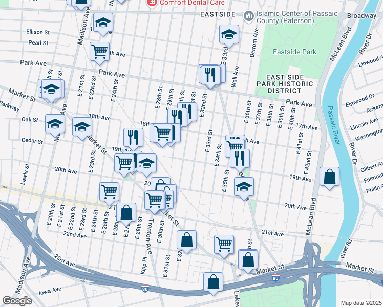 map of restaurants, bars, coffee shops, grocery stores, and more near 452 East 32nd Street in Paterson