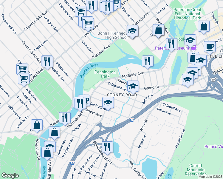 map of restaurants, bars, coffee shops, grocery stores, and more near 114 Caldwell Avenue in Paterson