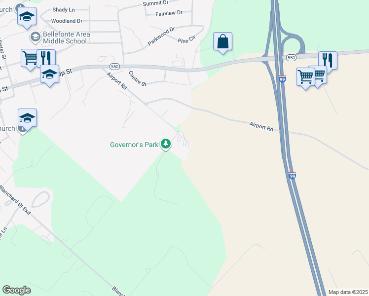map of restaurants, bars, coffee shops, grocery stores, and more near 401 Governors Park Road in Bellefonte