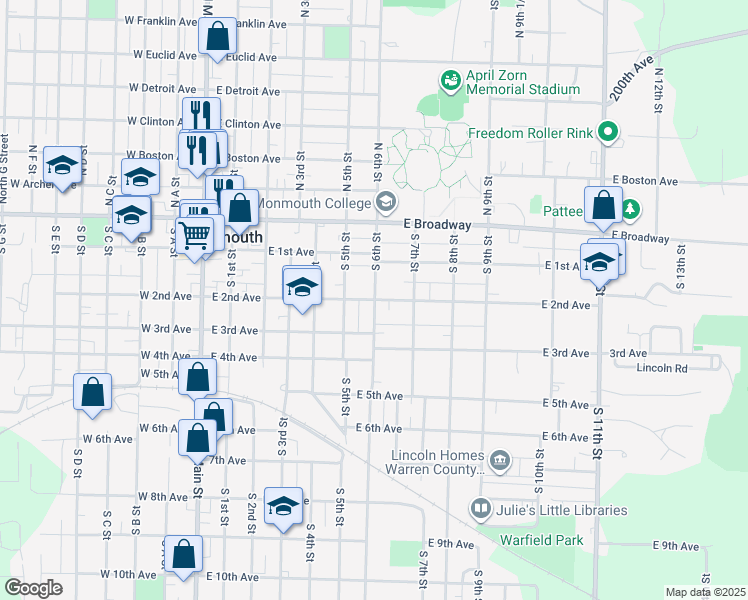 map of restaurants, bars, coffee shops, grocery stores, and more near 698 E 2nd Ave in Monmouth