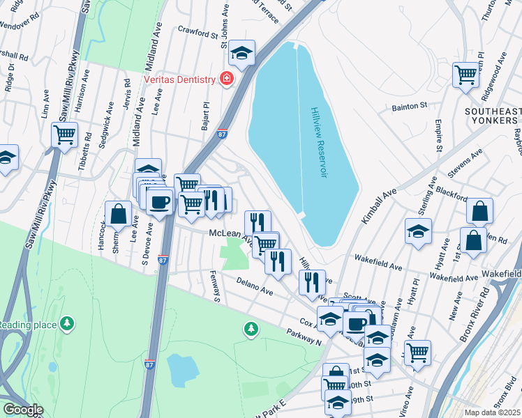 map of restaurants, bars, coffee shops, grocery stores, and more near 39 McCollum Place in Yonkers