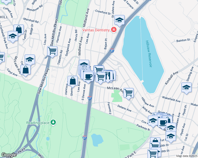map of restaurants, bars, coffee shops, grocery stores, and more near 660 McLean Avenue in Yonkers
