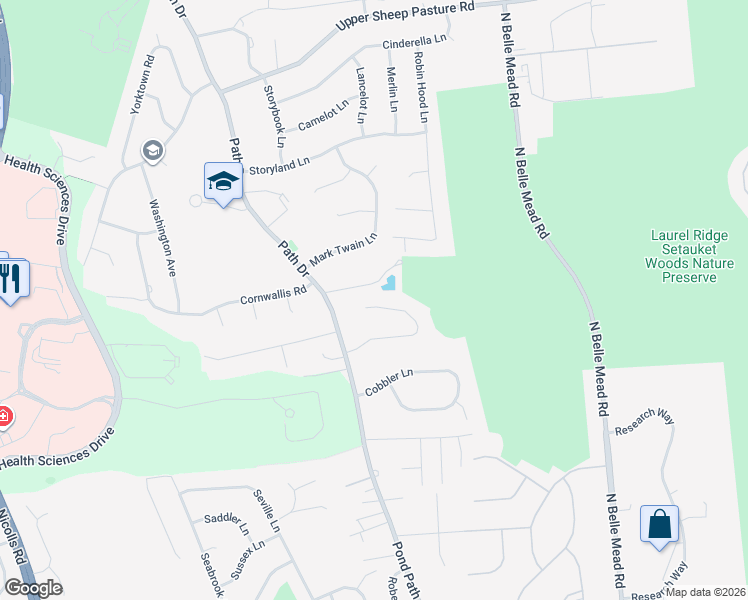 map of restaurants, bars, coffee shops, grocery stores, and more near 28 Ledgewood Circle in Setauket- East Setauket