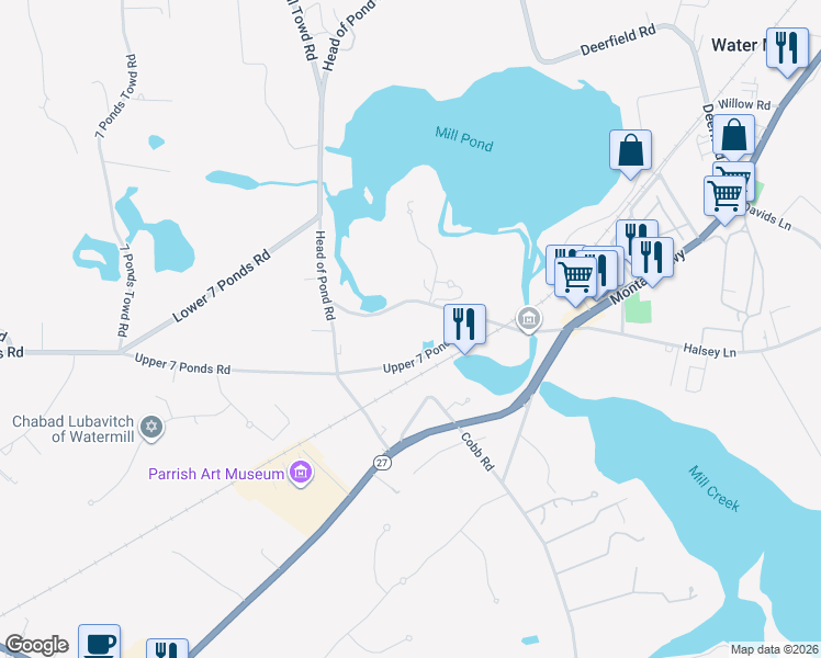 map of restaurants, bars, coffee shops, grocery stores, and more near 170 Old Mill Road in Water Mill
