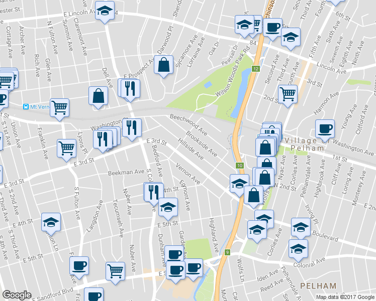 map of restaurants, bars, coffee shops, grocery stores, and more near 138 Hillside Avenue in Mount Vernon