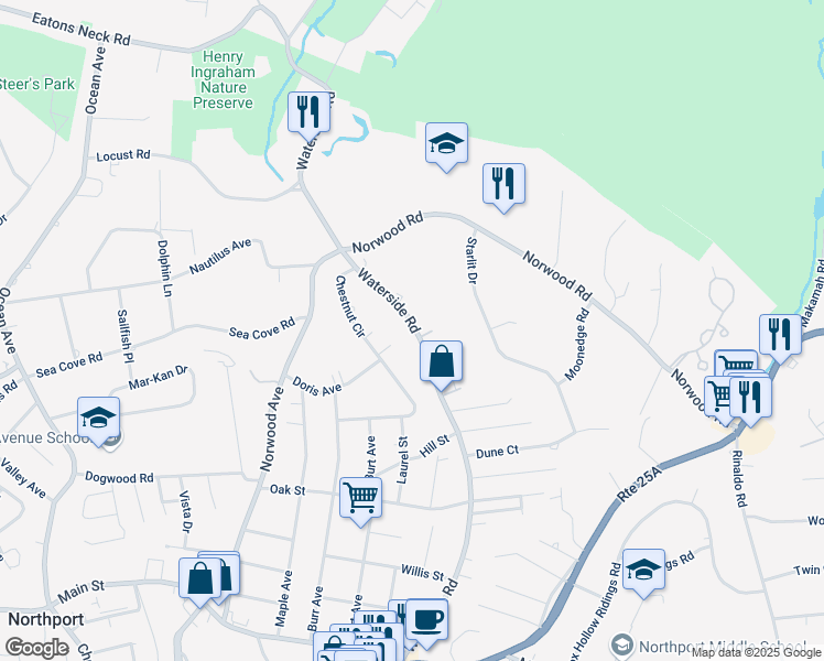 map of restaurants, bars, coffee shops, grocery stores, and more near 133 Waterside Road in Northport