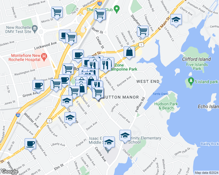 map of restaurants, bars, coffee shops, grocery stores, and more near 43 Franklin Avenue in New Rochelle