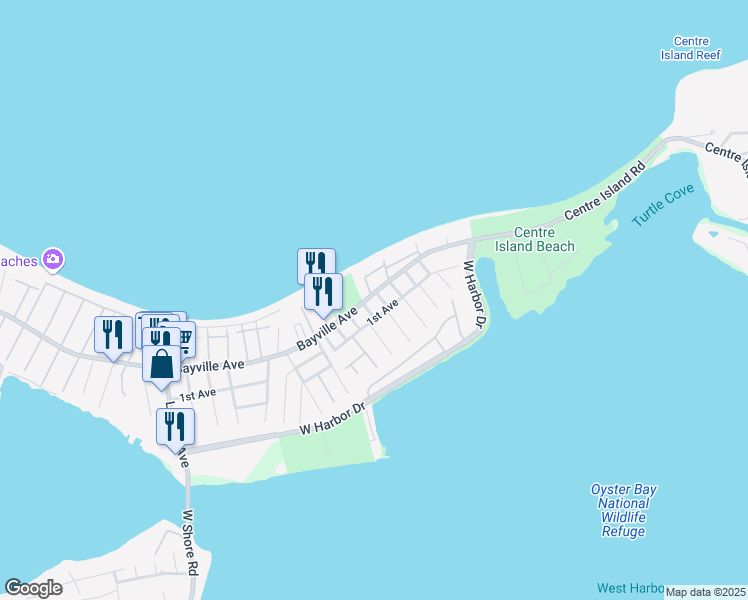 map of restaurants, bars, coffee shops, grocery stores, and more near 384 Bayville Avenue in Bayville