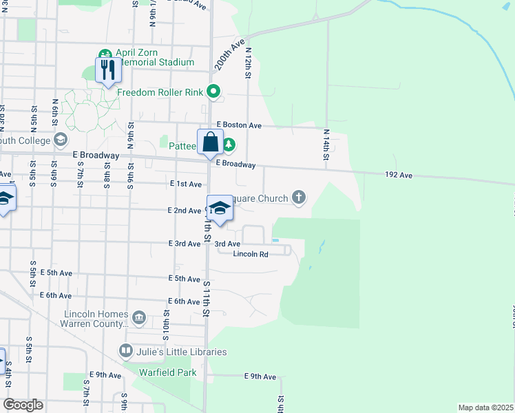 map of restaurants, bars, coffee shops, grocery stores, and more near 1343-1373 East 2nd Avenue in Monmouth