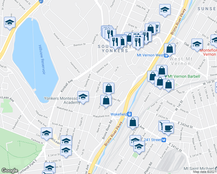 map of restaurants, bars, coffee shops, grocery stores, and more near 66 Blackford Ave in Yonkers