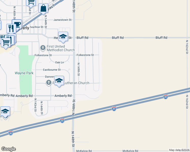 map of restaurants, bars, coffee shops, grocery stores, and more near 10010 North 151st Street in Waverly