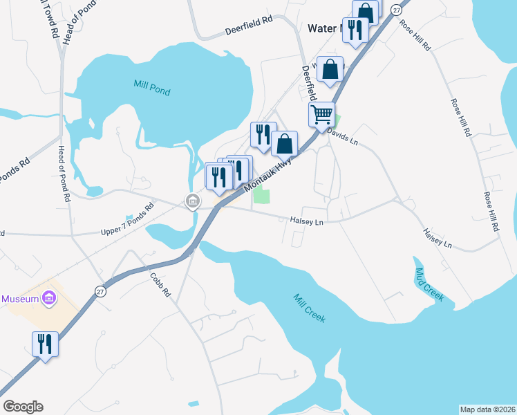 map of restaurants, bars, coffee shops, grocery stores, and more near 72 Halsey Ln in Water Mill