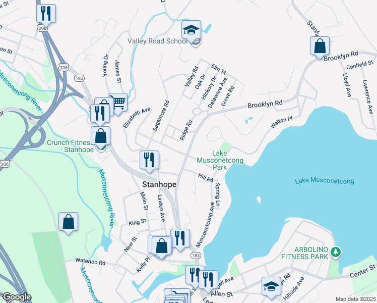 map of restaurants, bars, coffee shops, grocery stores, and more near 48 Brooklyn Road in Stanhope