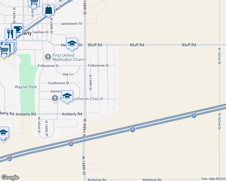 map of restaurants, bars, coffee shops, grocery stores, and more near 10010 North 151st Street in Waverly