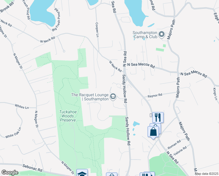 map of restaurants, bars, coffee shops, grocery stores, and more near 143 Sandy Hollow Road in Southampton