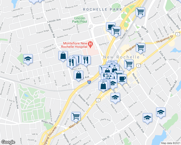 map of restaurants, bars, coffee shops, grocery stores, and more near 37 Warren Street in New Rochelle