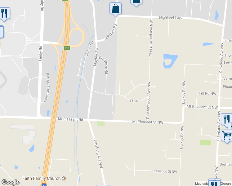 map of restaurants, bars, coffee shops, grocery stores, and more near 8661 Grimes Avenue Northwest in North Canton