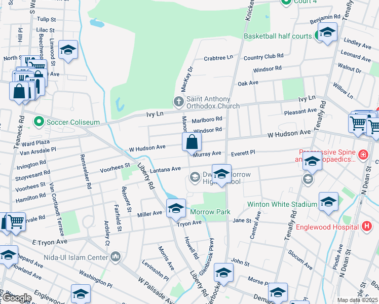 map of restaurants, bars, coffee shops, grocery stores, and more near 329 Murray Avenue in Englewood