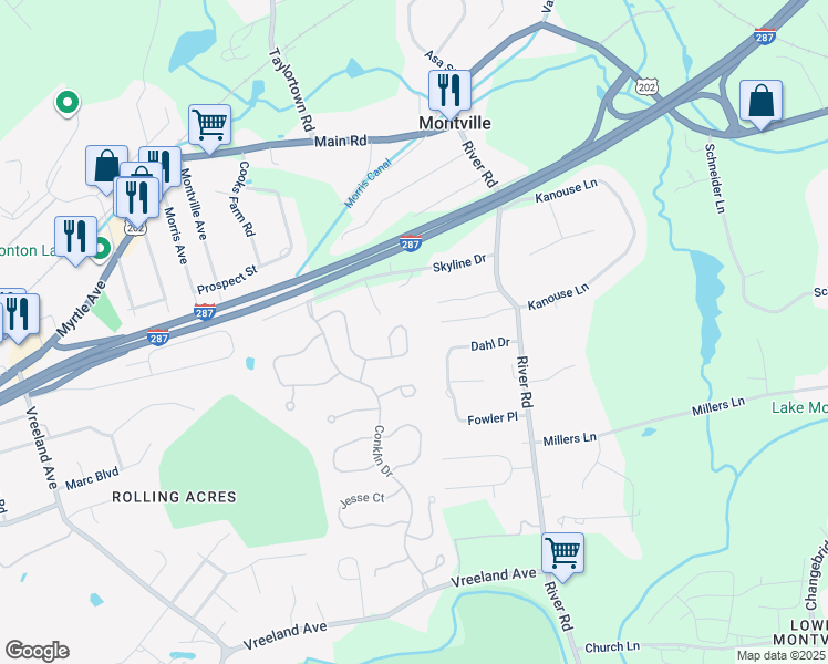 map of restaurants, bars, coffee shops, grocery stores, and more near 64 Louis Drive in Montville