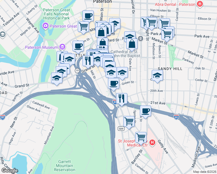 map of restaurants, bars, coffee shops, grocery stores, and more near 119 Marshall Street in Paterson