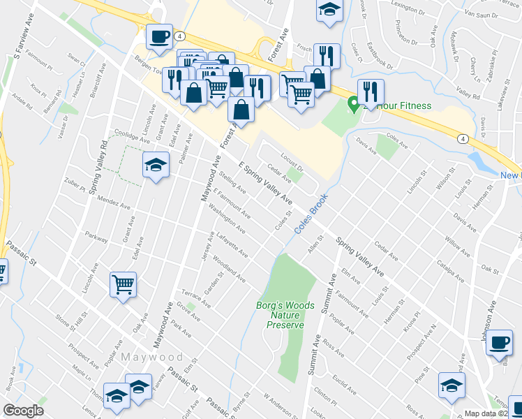 map of restaurants, bars, coffee shops, grocery stores, and more near 100 Stelling Avenue in Maywood