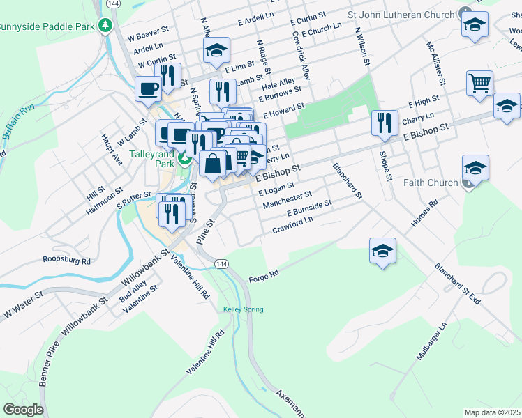 map of restaurants, bars, coffee shops, grocery stores, and more near 324 South Allegheny Street in Bellefonte